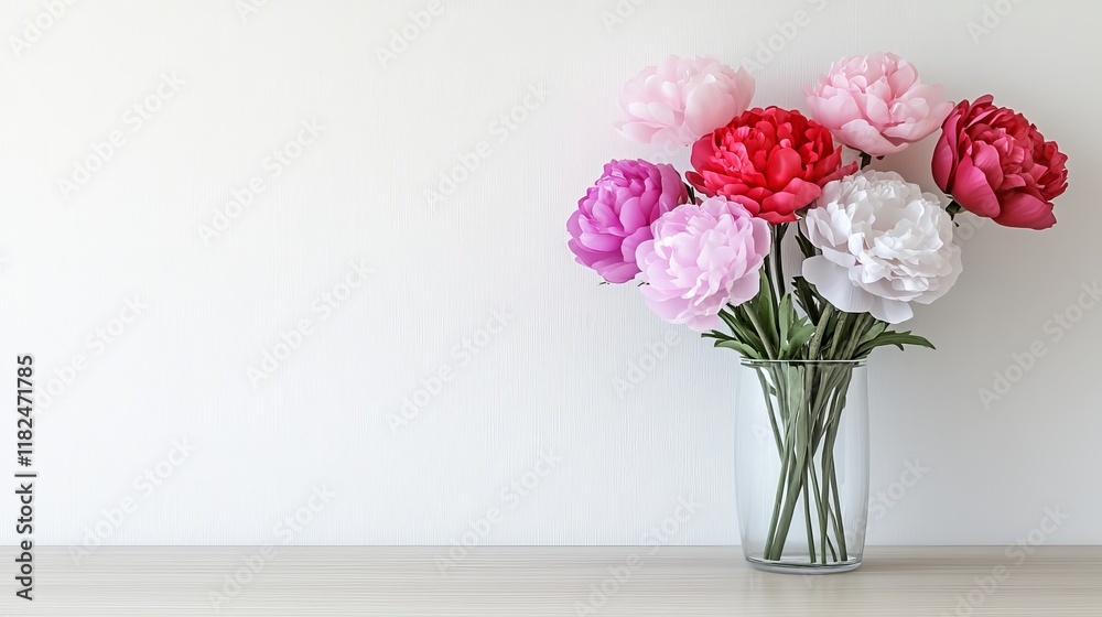 Obraz premium Vibrant peonies in glass vase against minimalist background