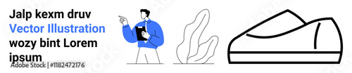 Business casual man pointing with a clipboard, abstract plant, shoe outline design. Ideal for corporate themes, professionalism, business planning, office environment, casual style, footwear design