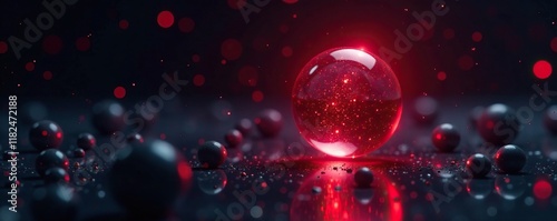 Single bright red sphere in a dark space filled with black spheres, glow, spheres, void