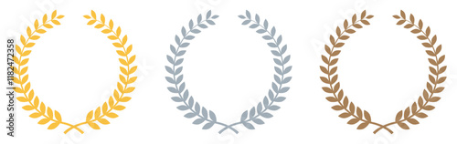 Set of rank emblems. First, second and third place award in laurel wreath icon. Gold, silver and bronze laurel wreath. Winner medal award set. 1, 2, 3 place. Flat design. Vector illustration.