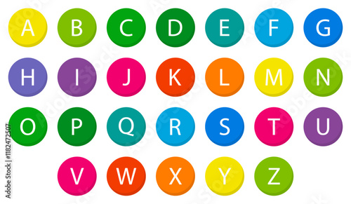 English alphabet font in a circle symbol different color. Alphabets a to z letters many colors on a white background. English alphabet text logo icon set. Flat design. Vector illustration.