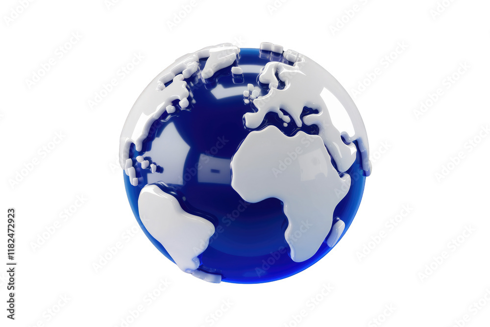 A stylized 3D rendering of Earth, blue continents, white landmasses, glossy surface. background removed A stylized 3D rendering of Earth, blue continents, white landmasses, glossy surface. background removed