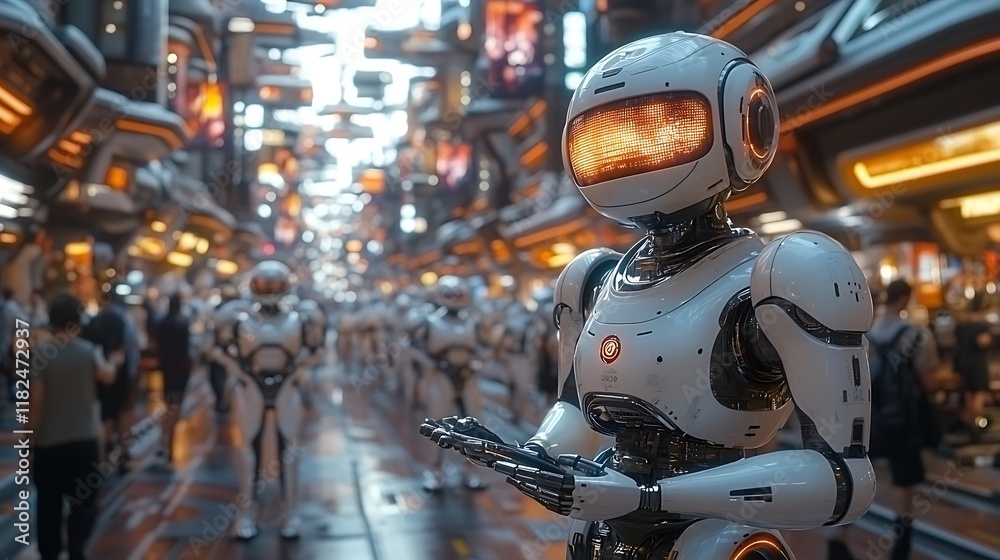 Fototapeta premium Futuristic Robot Stands Amidst Crowded City Street