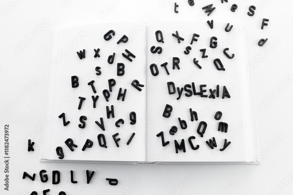 Dyslexia concept. Book filled with jumbled letters Dyslexia concept. Book filled with jumbled letters