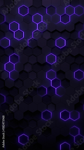 Abstract black futuristic background with hexagon pattern with purple glow. 3d render