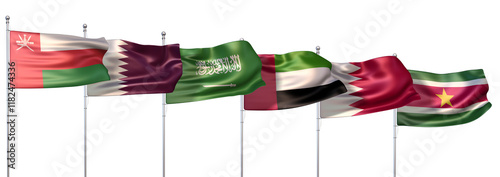 3D illustration featuring the national flags of the six countries which are member states of the Cooperation Council for the Arab States of the Gulf also known as the Gulf Cooperation Council (GCC)