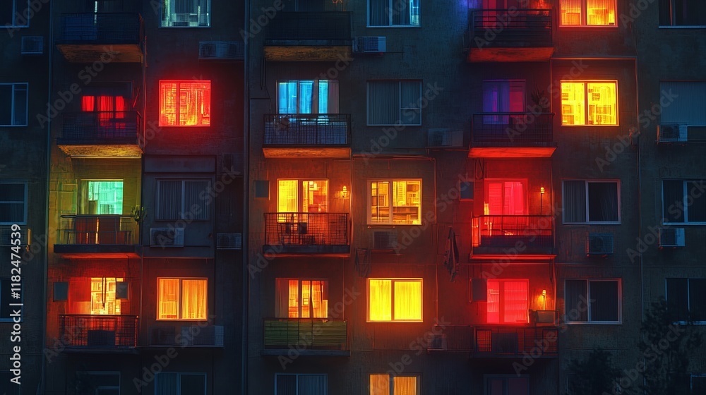 Naklejka premium Vibrant urban apartment building with colorful illuminated windows at night