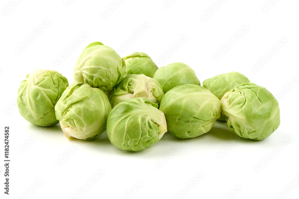 Fototapeta premium Fresh green Brussels sprouts, isolated on white background. High resolution image.