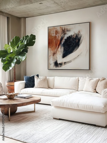 modern minimalist living room, large white sectional sofa, abstract circular artwork, potted fiddle leaf fig plant, floor-to-ceiling windows, warm neutral color palette, terracotta accent pillows, cur photo