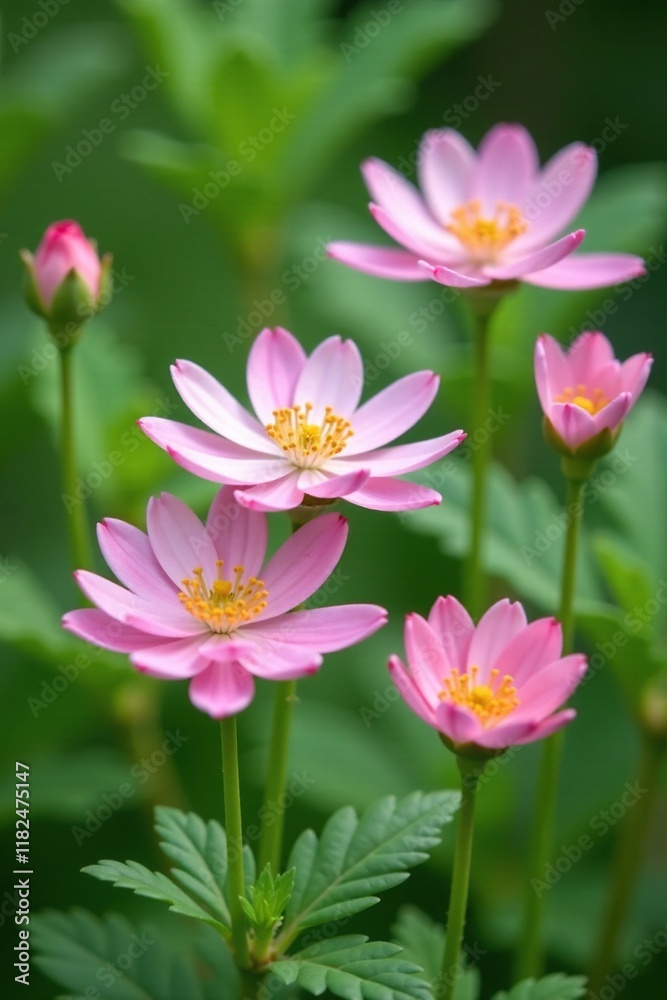 Soft pink Pulsatilla blooms against a backdrop of greenery, pastel colors, floral arrangement Soft pink Pulsatilla blooms against a backdrop of greenery, pastel colors, floral arrangement