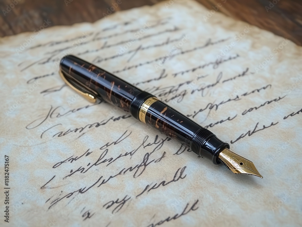 Fototapeta premium vintage fountain pen elegantly positioned on aged parchment with beautiful cursive handwritten text in warm natural light