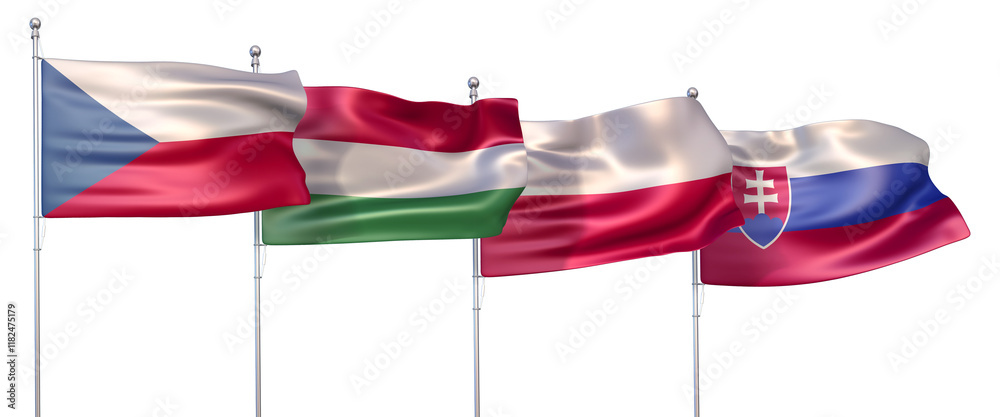 3D illustration featuring the national flags of the four countries which are member states of the Visegrád Group (Visegrád Four or V4)
3D illustration featuring the national flags of the four countries which are member states of the Visegrád Group (Visegrád Four or V4)