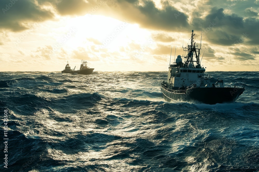 Fototapeta premium Two ships sail rough seas, sunset sky.