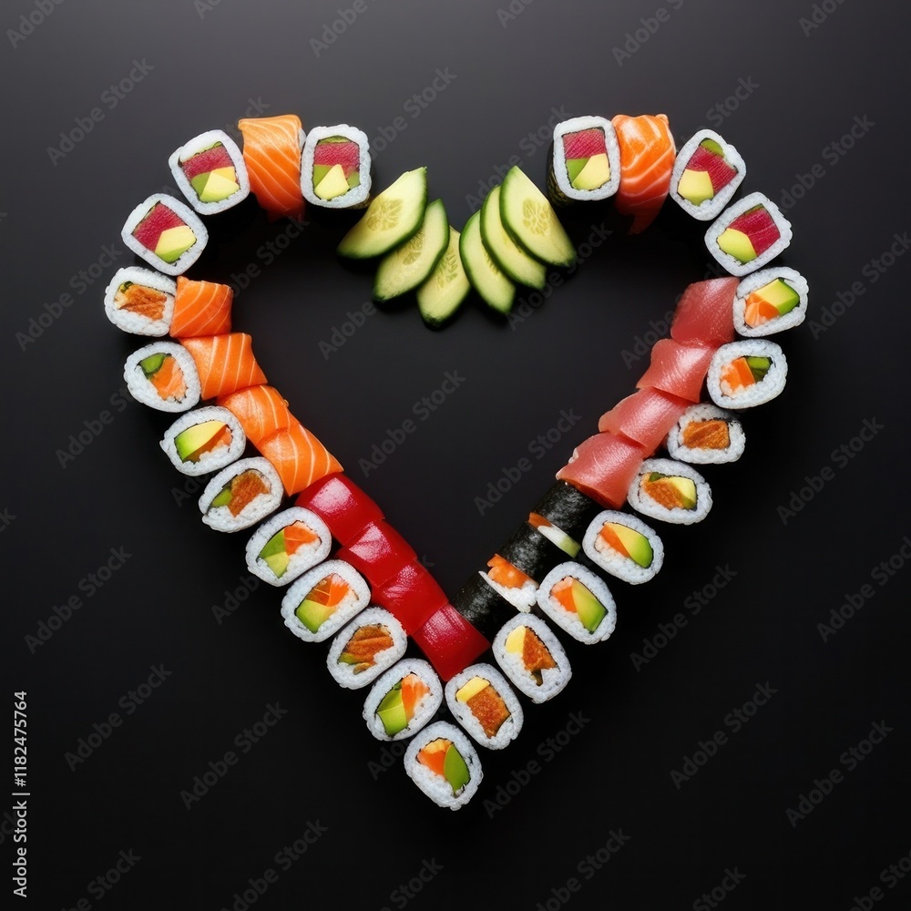 Obraz premium Valentine's day. Set with heart-shaped rolls for lovers on Valentine's day. February 14. Delicious and healthy Japanese cuisine. Love sushi
