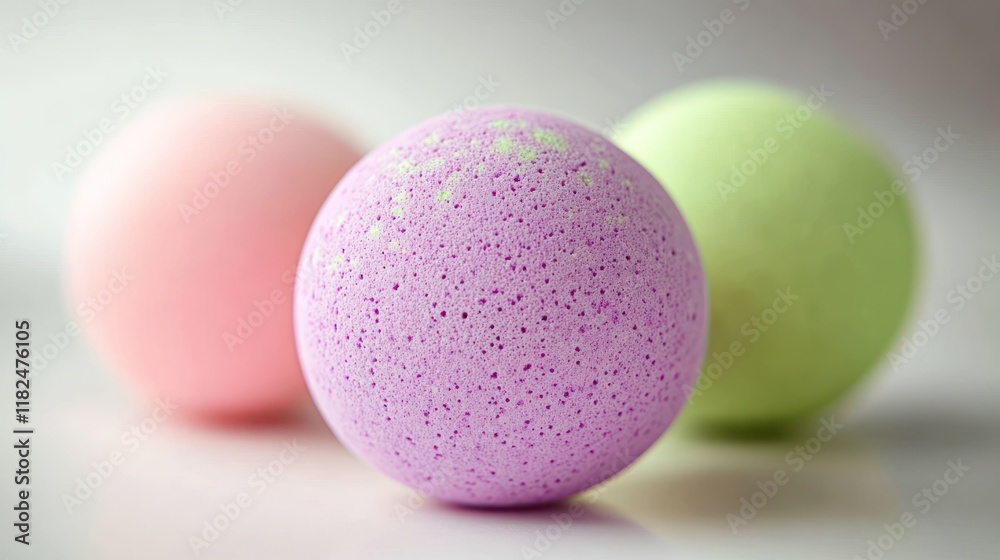 Three pastel bath bombs in pink, purple, and green. Three pastel bath bombs in pink, purple, and green.
