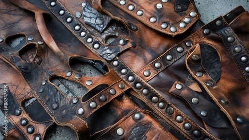 Distressed Brown Leather Texture, Studded Vintage Fashion Detail photo