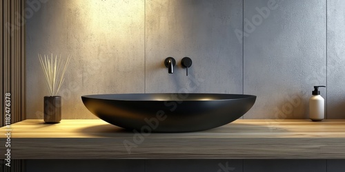 Wallpaper Mural Modern bathroom interior, minimalist design, black vessel sink, wooden countertop, textured gray walls, wall-mounted faucet, ambient lighting, sconce lights, moody atmosphere, elegant simplicity, matt Torontodigital.ca