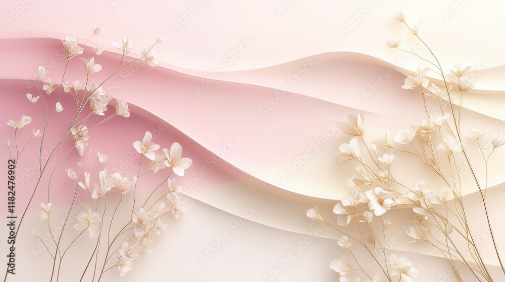 Dynamic pastel wave floral design digital artwork airy mood soft pink and gold palette Dynamic pastel wave floral design digital artwork airy mood soft pink and gold palette