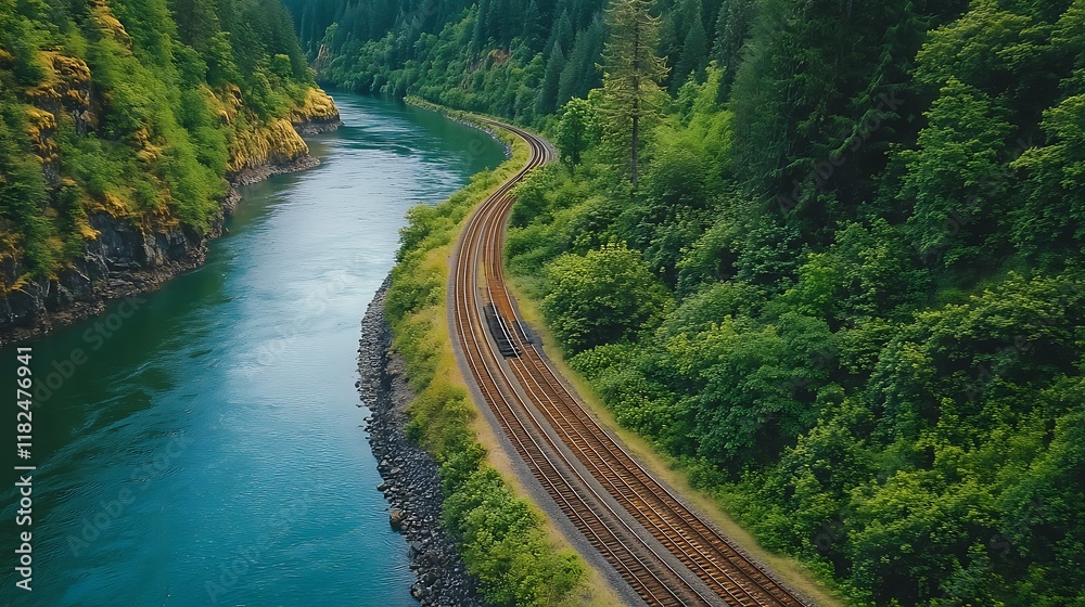 River Valley Railroad Tracks Winding Through Lush Green Forest River Valley Railroad Tracks Winding Through Lush Green Forest