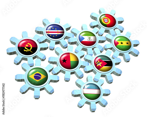 Flags of the Community of Portuguese Language (CPLP) member countries on interlocking gear wheels. Concept of an abstract mechanism symbolizing partnership and unity. 3D render photo