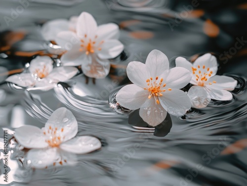 Pink cherry blossom flowers in water
