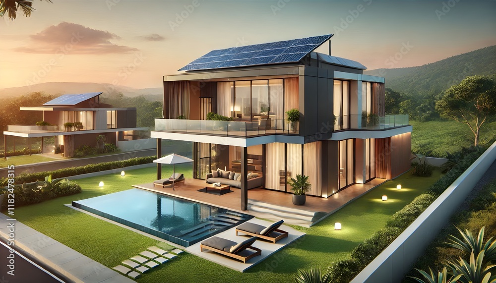 Fototapeta premium Solar-Powered Home with a Pool and Lush Landscaping