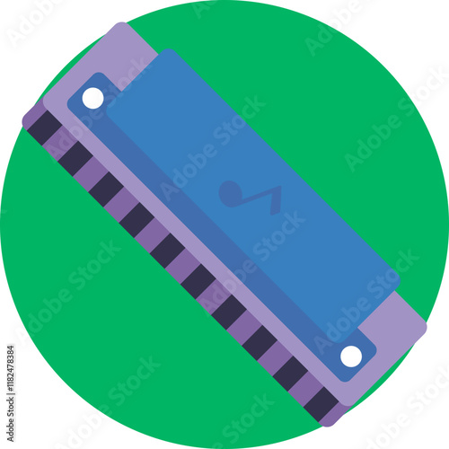 A harmonica with rich, polished details, its metallic edges shining brightly against a dark, textured musical note-filled background.