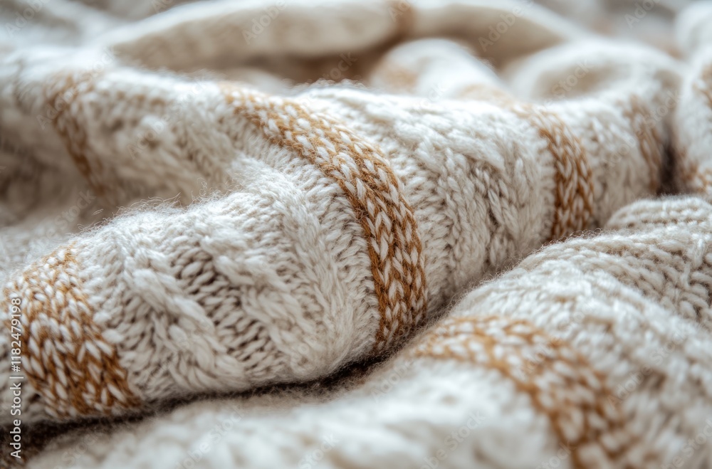 Close-up of cozy beige and white knitted fabric Close-up of cozy beige and white knitted fabric