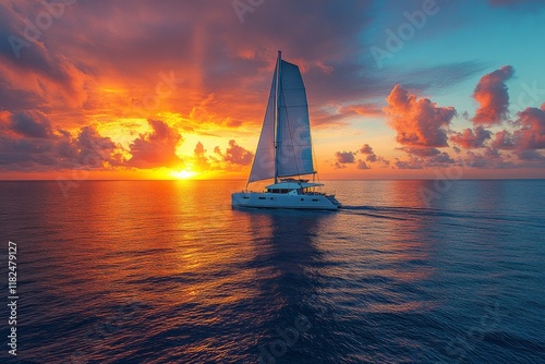 Luxury catamaran sailing on the ocean during a breathtaking sunset with vibrant clouds and golden reflections on the water