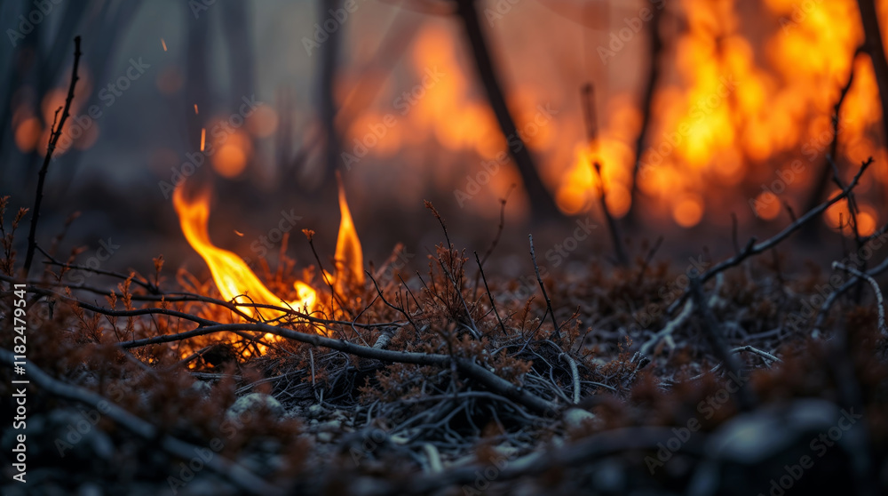 Forest wildfire burning dry twigs and leaves Forest wildfire burning dry twigs and leaves