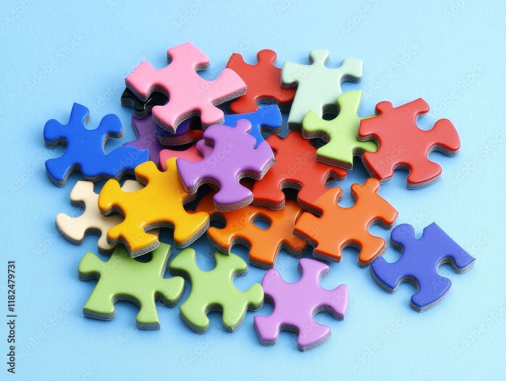 Obraz premium Colorful jigsaw puzzle pieces scattered on a blue background. (1)