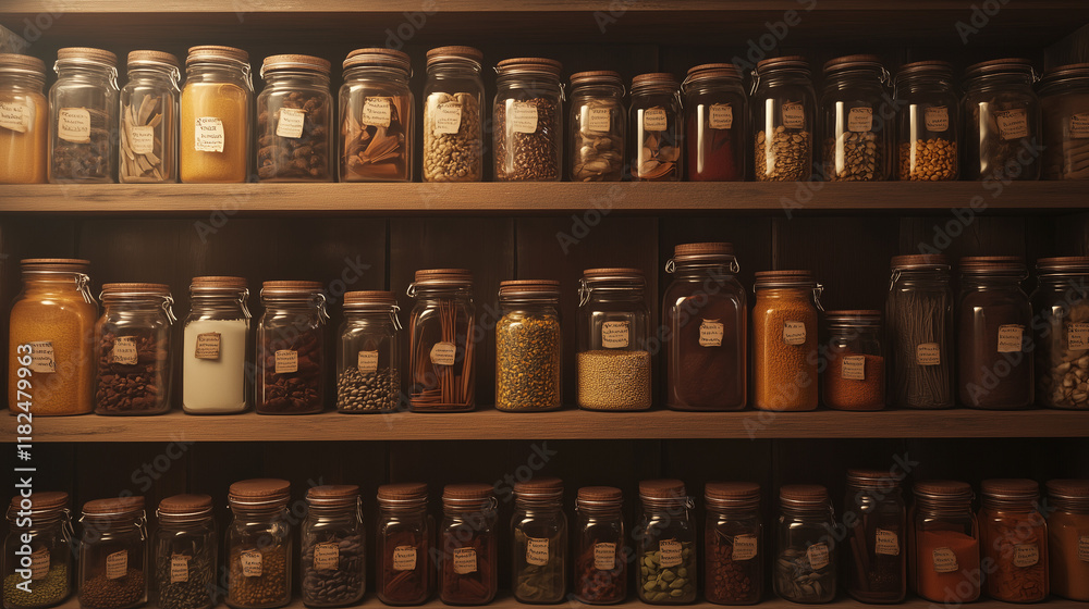 Warm and Cozy Shelving Filled with Labeled Jars of Herbs and Spices