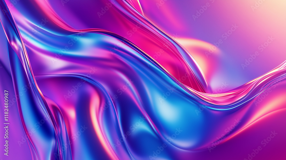 Fototapeta premium Liquid fluid holographic rainbow horizontal abstract background. Smooth waves of colorful holographic poster. Bright colorful wallpaper. Digital raster bitmap. Photo style. AI artwork. 