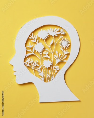 Intricate paper art design showcases a silhouette head filled with blooming flowers on a bright yellow background, symbolizing creativity and nature's influence on thoughts