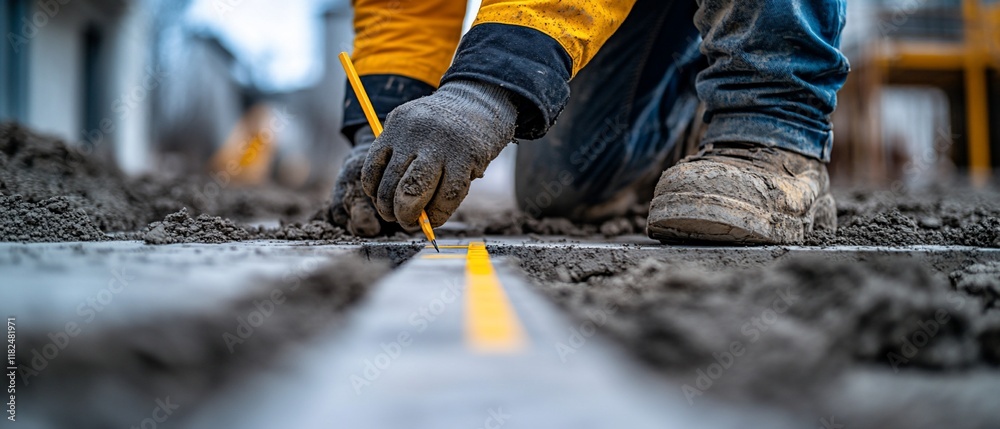 Construction worker marking concrete pavement Construction worker marking concrete pavement