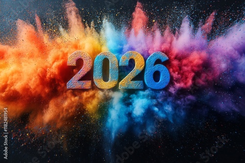 2026 in bold colorful powder explosion design, symbolizing celebration, creativity, and vibrant energy for event promotions, year highlights, and artistic campaigns
