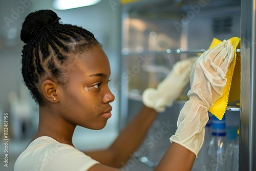  A young African-American woman wearing gloves cleaning a refrigerator with a yellow napkin from a side view.