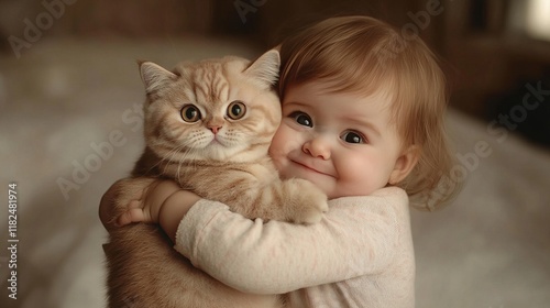 Adorable caucasian baby hugging fluffy cat with joyful expression