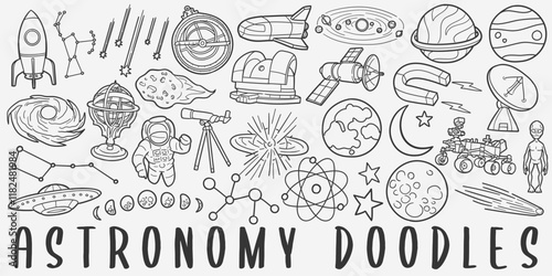 Astronomy Doodle Icons. Hand Made Line Art. Space Astronaut Clipart Logotype Symbol Design.