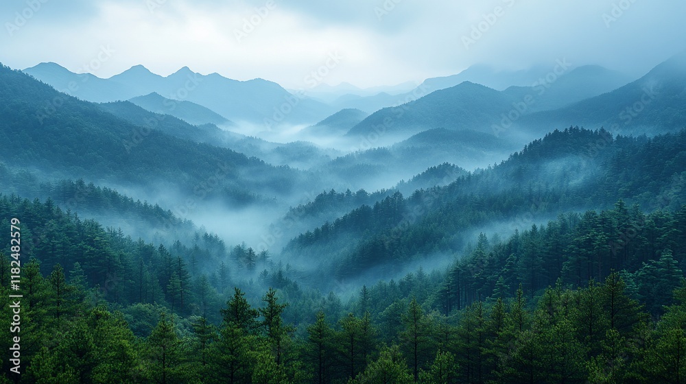 Fototapeta premium Misty Mountains and Verdant Forests A Serene Landscape
