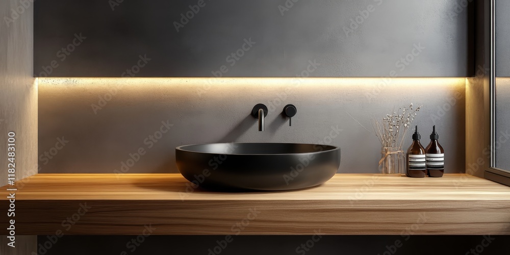 Modern minimalist bathroom, stone basin sink, wooden countertop, metallic wall texture, industrial chic, matte black faucet, ambient lighting, sleek design, neutral tones, luxury spa aesthetic, Japane Modern minimalist bathroom, stone basin sink, wooden countertop, metallic wall texture, industrial chic, matte black faucet, ambient lighting, sleek design, neutral tones, luxury spa aesthetic, Japane