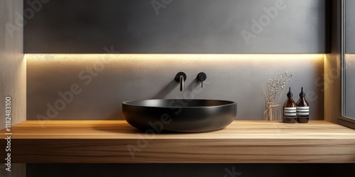 Wallpaper Mural Modern minimalist bathroom, stone basin sink, wooden countertop, metallic wall texture, industrial chic, matte black faucet, ambient lighting, sleek design, neutral tones, luxury spa aesthetic, Japane Torontodigital.ca