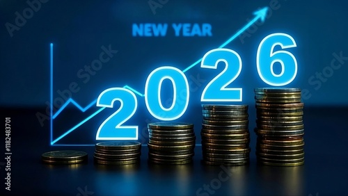 Calendar happy new year 2026 with graph and stack of growth coins