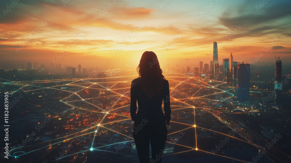 Fototapeta premium Abstract business woman stands on the peak of success amid tall, innovative Smart city and graphs with statistics to analyze business potential and predict future developments in company growth.