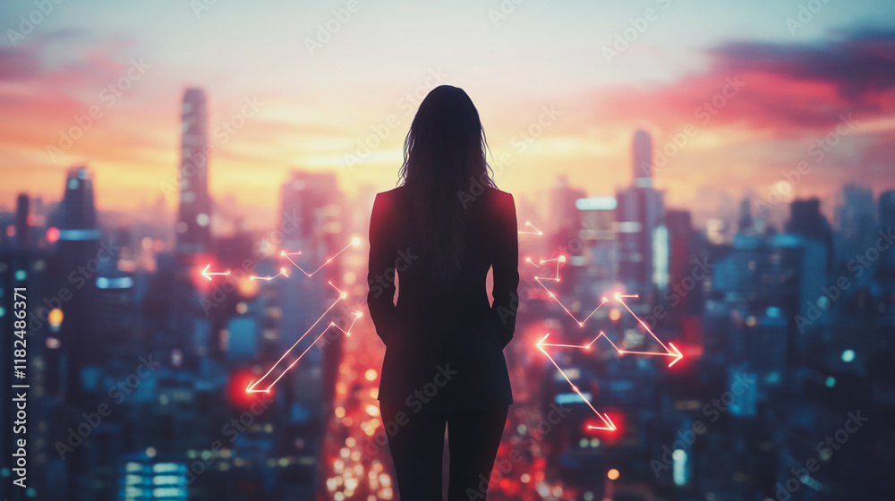Abstract business woman stands on the peak of success amid tall, innovative Smart city and graphs with statistics to analyze business potential and predict future developments in company growth. Abstract business woman stands on the peak of success amid tall, innovative Smart city and graphs with statistics to analyze business potential and predict future developments in company growth.