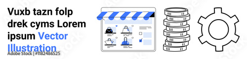 Online storefront with a blue-and-white awning, various product icons, a stack of coins, and a gear icon indicating settings. Ideal for e-commerce, online business, shopping, settings, revenue