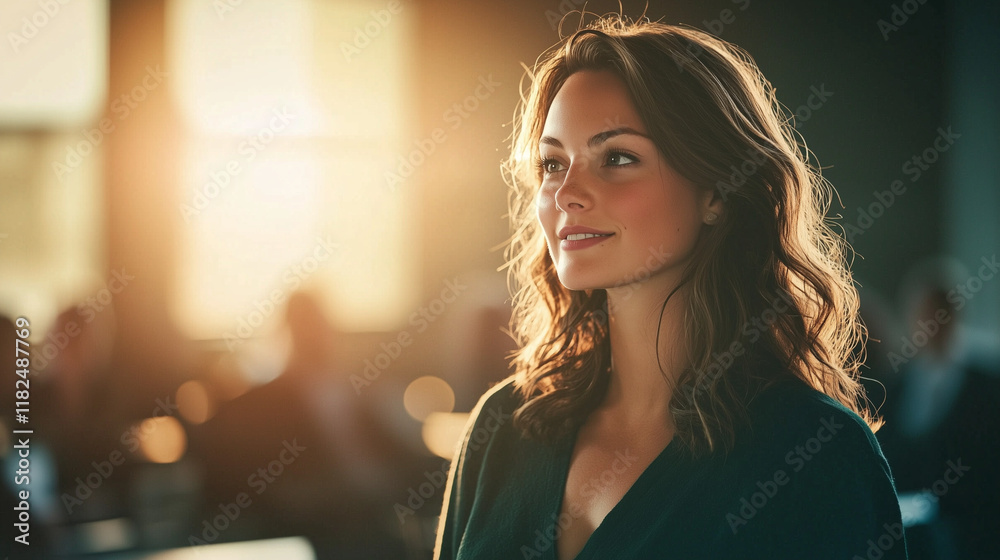 Confident Woman in Sunlit Office Setting,Student Persona, Blurred Background, Bright Student, Candid Portrait Focus Confident Woman in Sunlit Office Setting,Student Persona, Blurred Background, Bright Student, Candid Portrait Focus