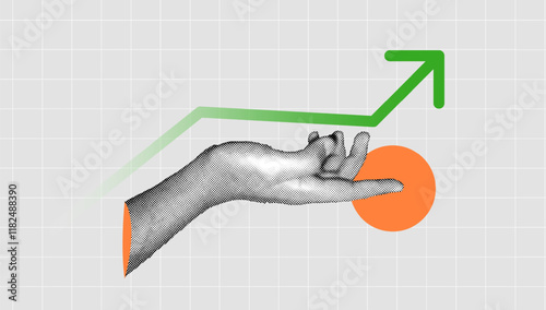halftone collage, business stock growth chart, green arrow up and hand gesture, analytics, progress. business stock growth chart or investment financial data return on money growth diagram