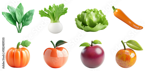 3D glossy mix fruits and vegetables including with spinach, apple and persimmon isolated on transparent png background., cabbage, chili, pumpkin, turnip