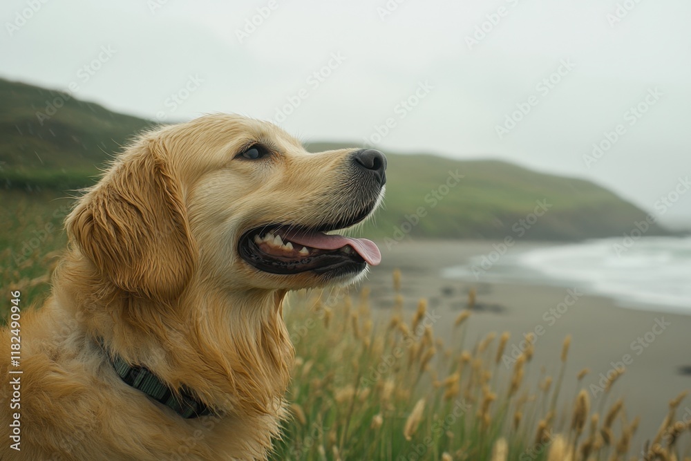 Golden Retriever, side view of the head looking at a beach and green hillside, tongue out, white sky Generative AI Golden Retriever, side view of the head looking at a beach and green hillside, tongue out, white sky Generative AI
